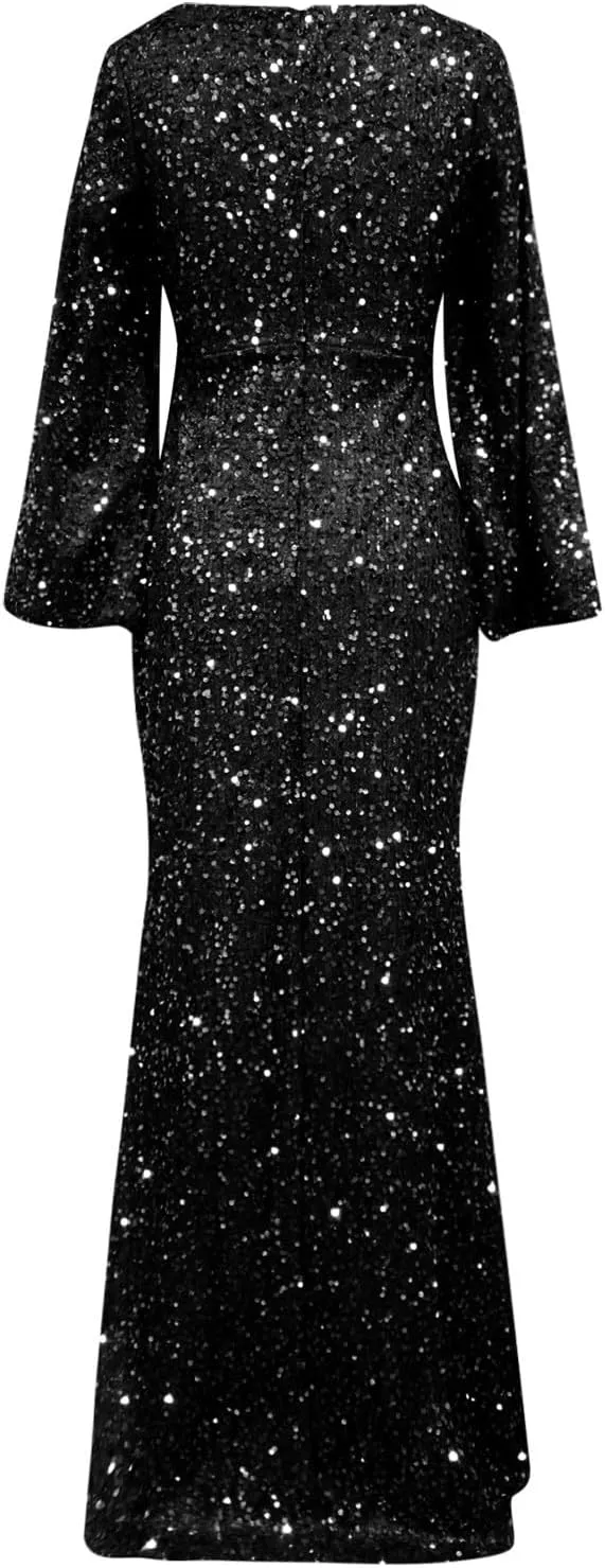Sweetheart Neck Bell Long Sleeve Sequin Maxi Dress for Women Mermaid Hem Floor-Length Formal Party Cocktail Evening Prom Gown