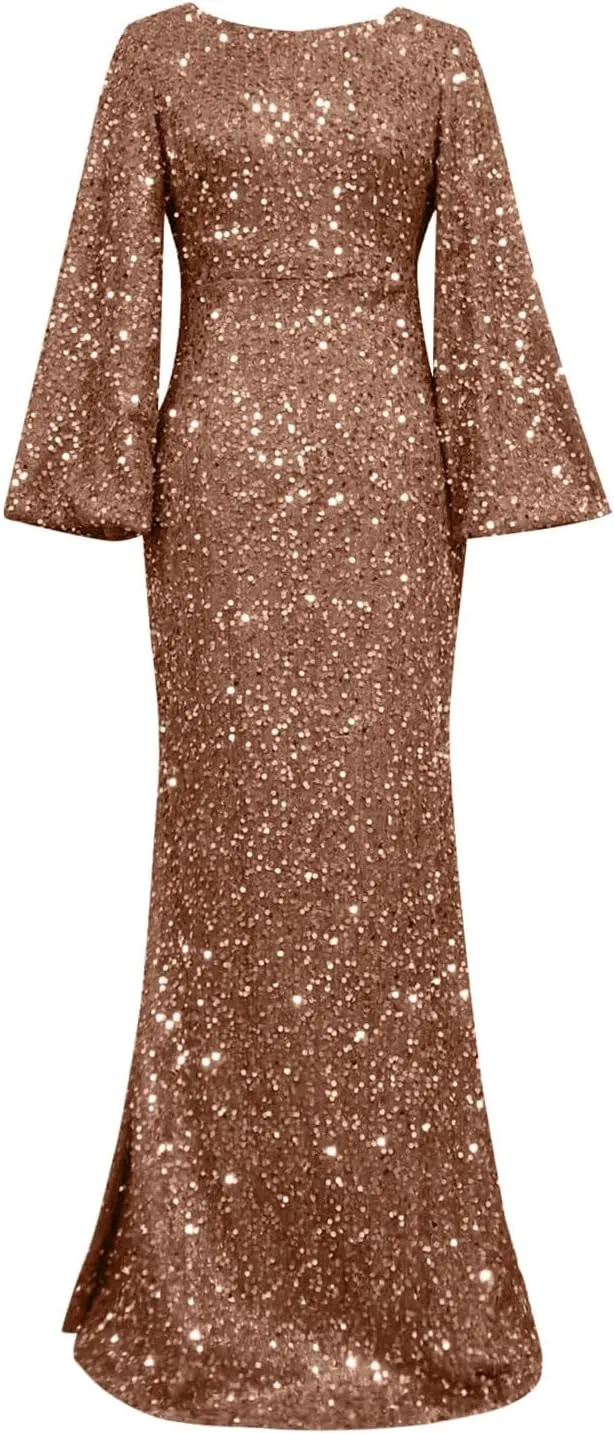 Sweetheart Neck Bell Long Sleeve Sequin Maxi Dress for Women Mermaid Hem Floor-Length Formal Party Cocktail Evening Prom Gown