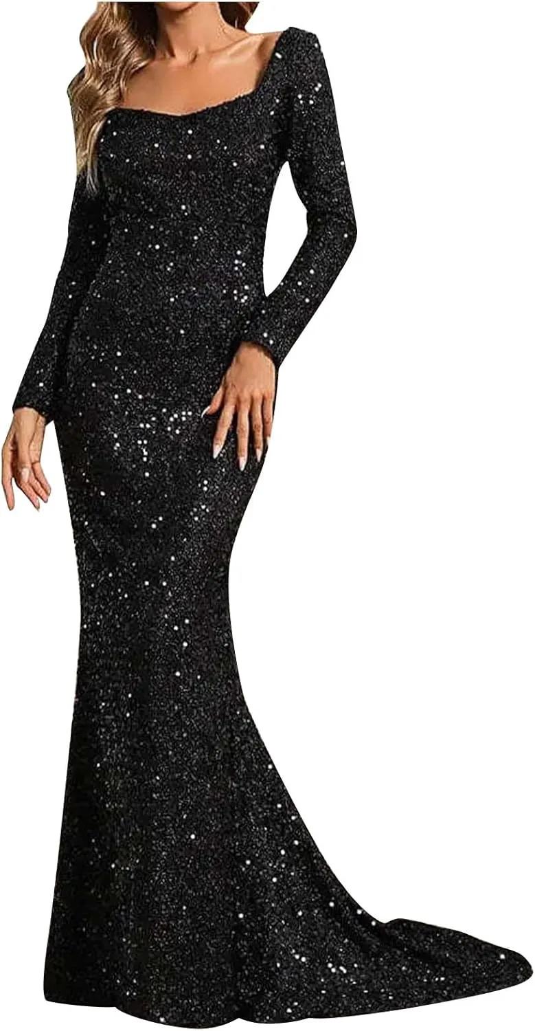 Sweetheart Neck Bell Long Sleeve Sequin Maxi Dress for Women Mermaid Hem Floor-Length Formal Party Cocktail Evening Prom Gown