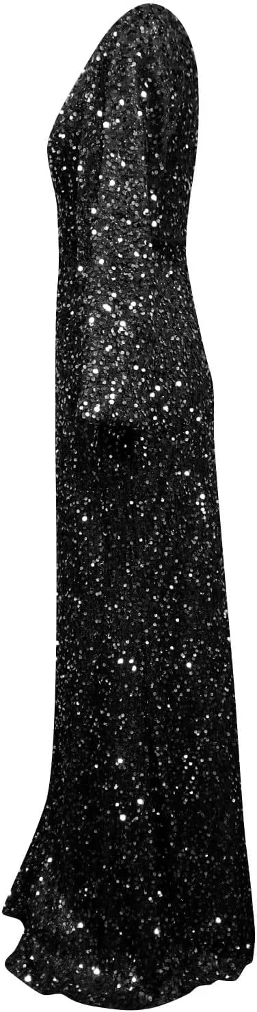 Sweetheart Neck Bell Long Sleeve Sequin Maxi Dress for Women Mermaid Hem Floor-Length Formal Party Cocktail Evening Prom Gown