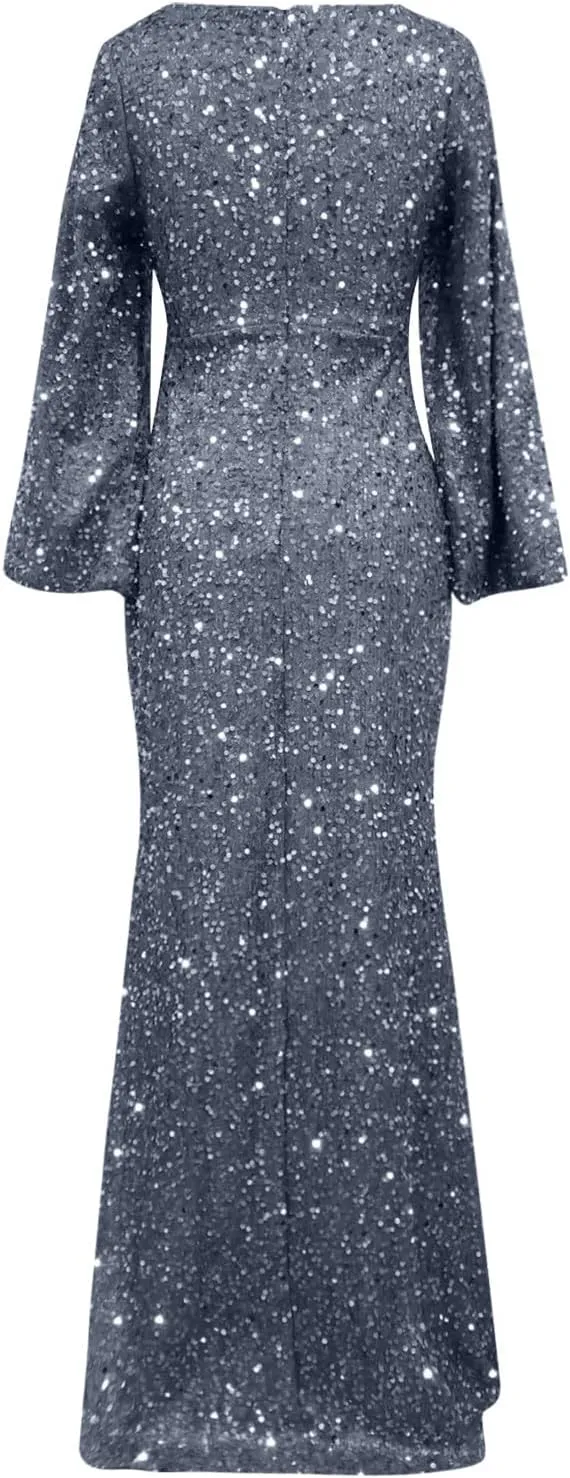 Sweetheart Neck Bell Long Sleeve Sequin Maxi Dress for Women Mermaid Hem Floor-Length Formal Party Cocktail Evening Prom Gown