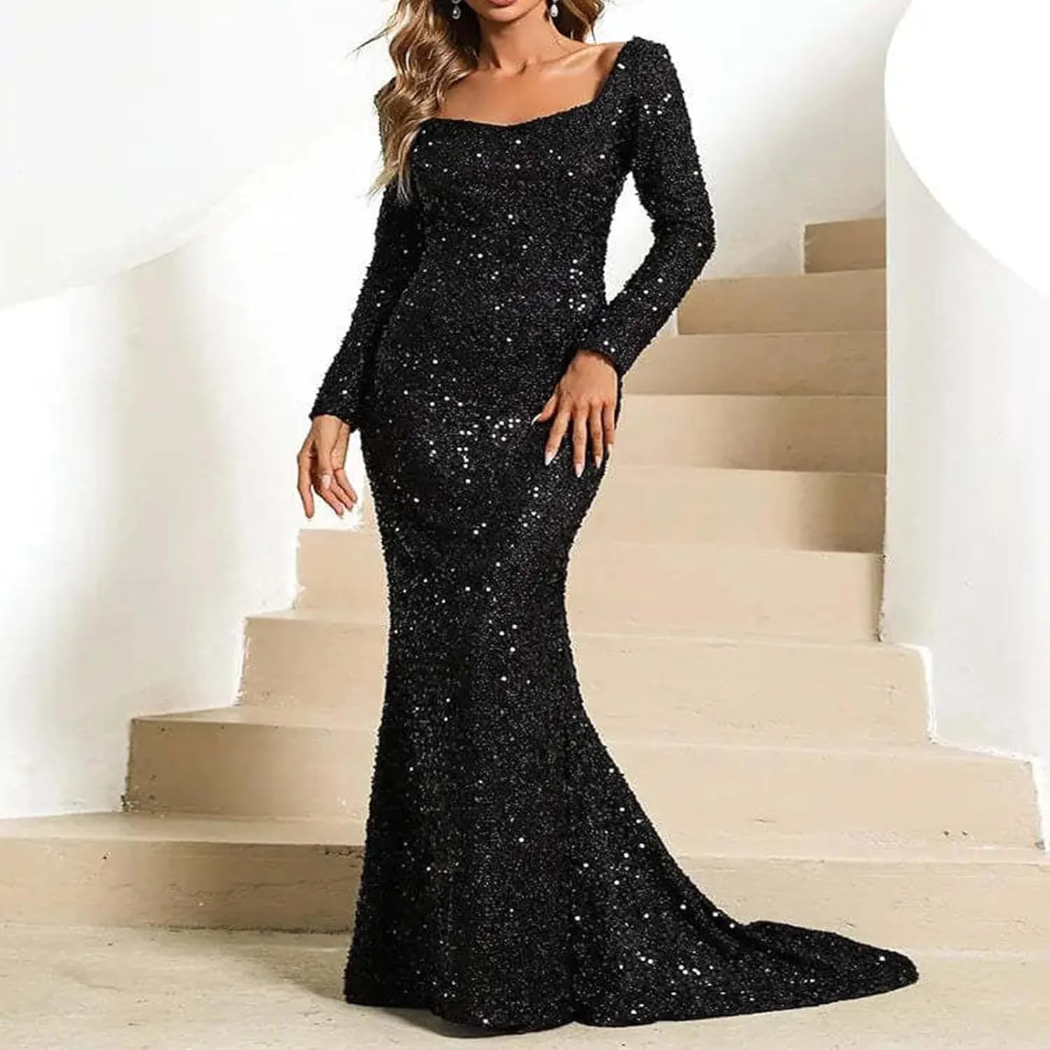 Sweetheart Neck Bell Long Sleeve Sequin Maxi Dress for Women Mermaid Hem Floor-Length Formal Party Cocktail Evening Prom Gown