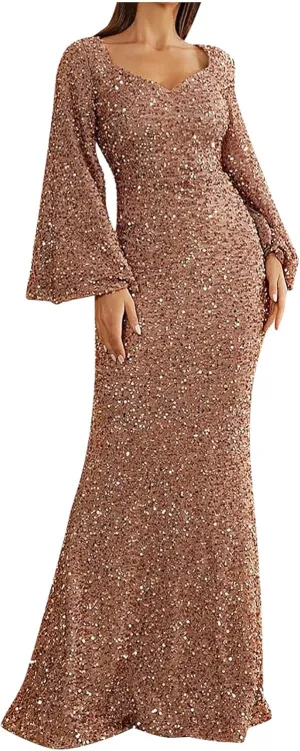 Sweetheart Neck Bell Long Sleeve Sequin Maxi Dress for Women Mermaid Hem Floor-Length Formal Party Cocktail Evening Prom Gown