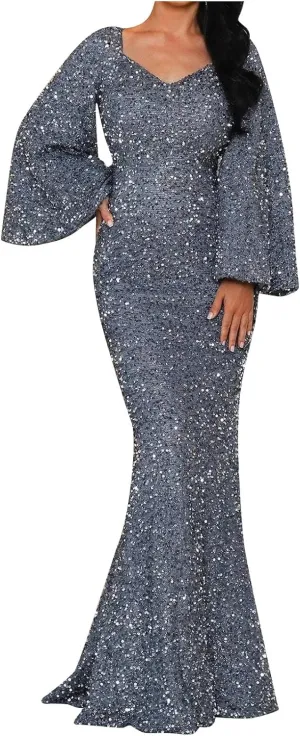 Sweetheart Neck Bell Long Sleeve Sequin Maxi Dress for Women Mermaid Hem Floor-Length Formal Party Cocktail Evening Prom Gown