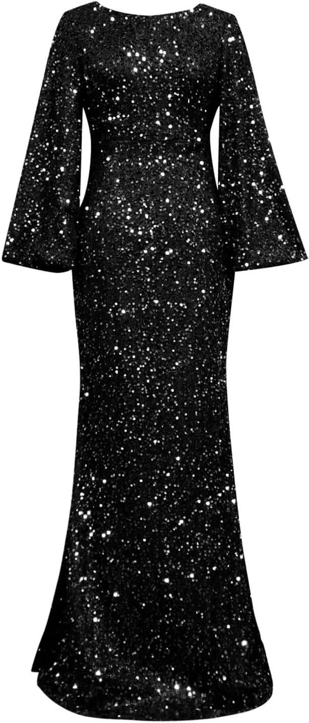 Sweetheart Neck Bell Long Sleeve Sequin Maxi Dress for Women Mermaid Hem Floor-Length Formal Party Cocktail Evening Prom Gown