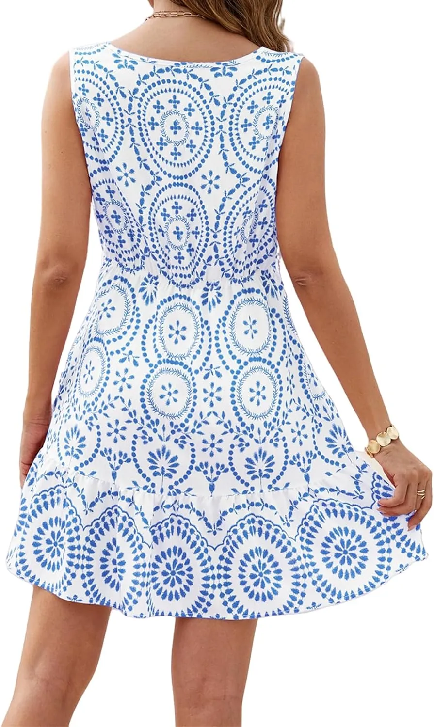Swimsuit Coverup for Women Cutout Floral Lace Boho Mini Dress Sleeveless V Neck Tank Dress A Line Ruffle Dresses