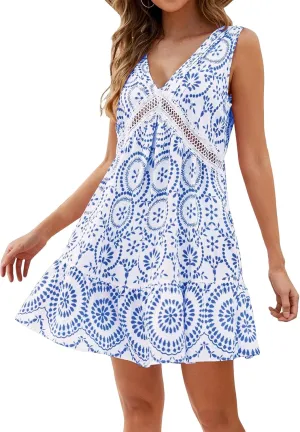 Swimsuit Coverup for Women Cutout Floral Lace Boho Mini Dress Sleeveless V Neck Tank Dress A Line Ruffle Dresses