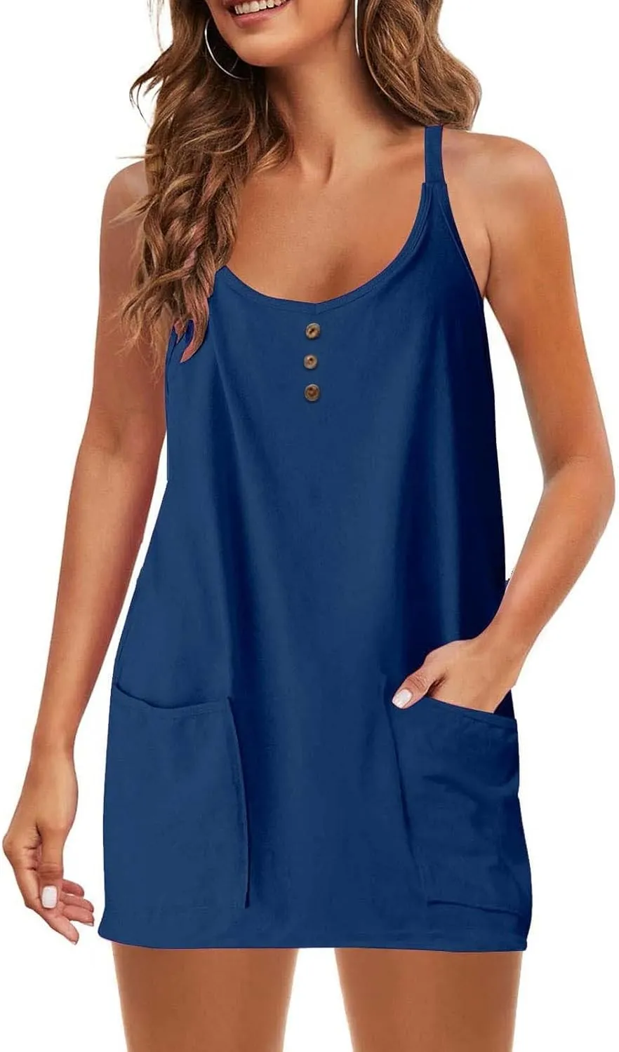 Tennis Dress for Women Built-in Shorts Casual Sleeveless Spaghetti Strap Sundress Workout Athletic Dress with Pocket