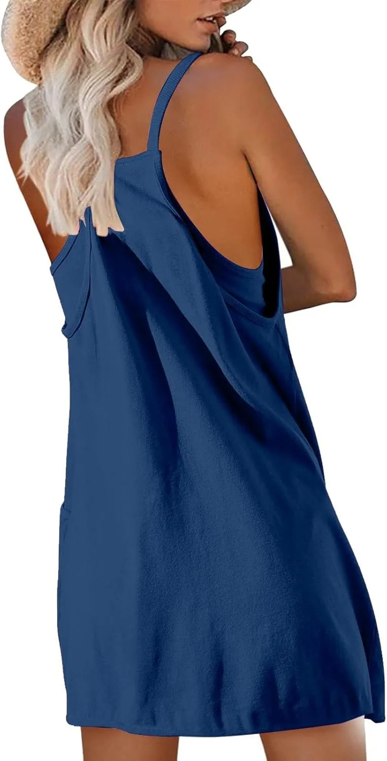 Tennis Dress for Women Built-in Shorts Casual Sleeveless Spaghetti Strap Sundress Workout Athletic Dress with Pocket