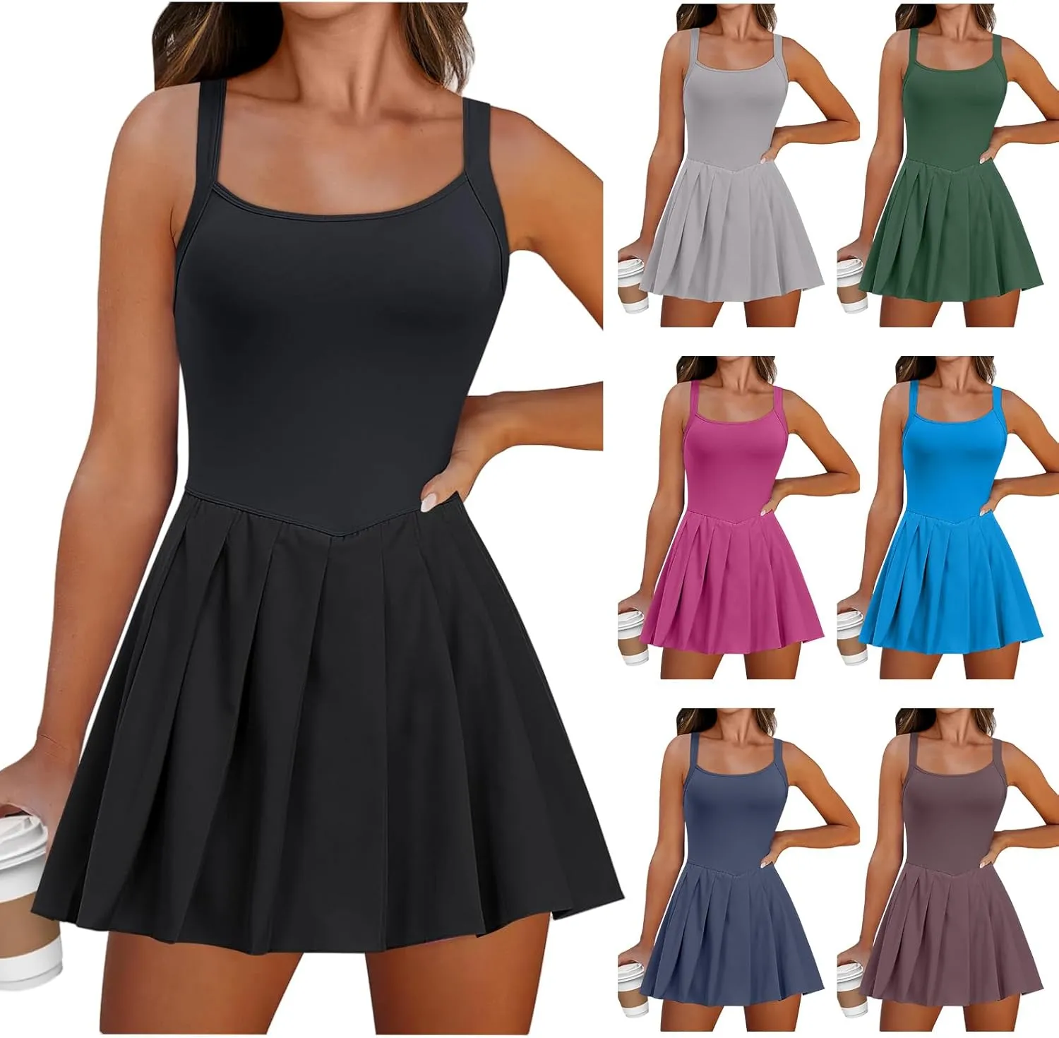 Tennis Dresses for Women Casual Summer Mini Dress Squre Neck Sleeveless Workout Golf Athletic Dress High Waist Sundress