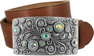 Timeless Tranquility Rhinestone Crystal Floral Buckle Genuine Leather Belt 1-1/2"(38mm) Wide