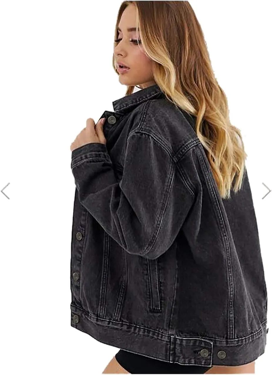 Tsher Women's Oversize Vintage Washed Denim Jacket Long Sleeve Classic Loose Jean Trucker Jacket D003