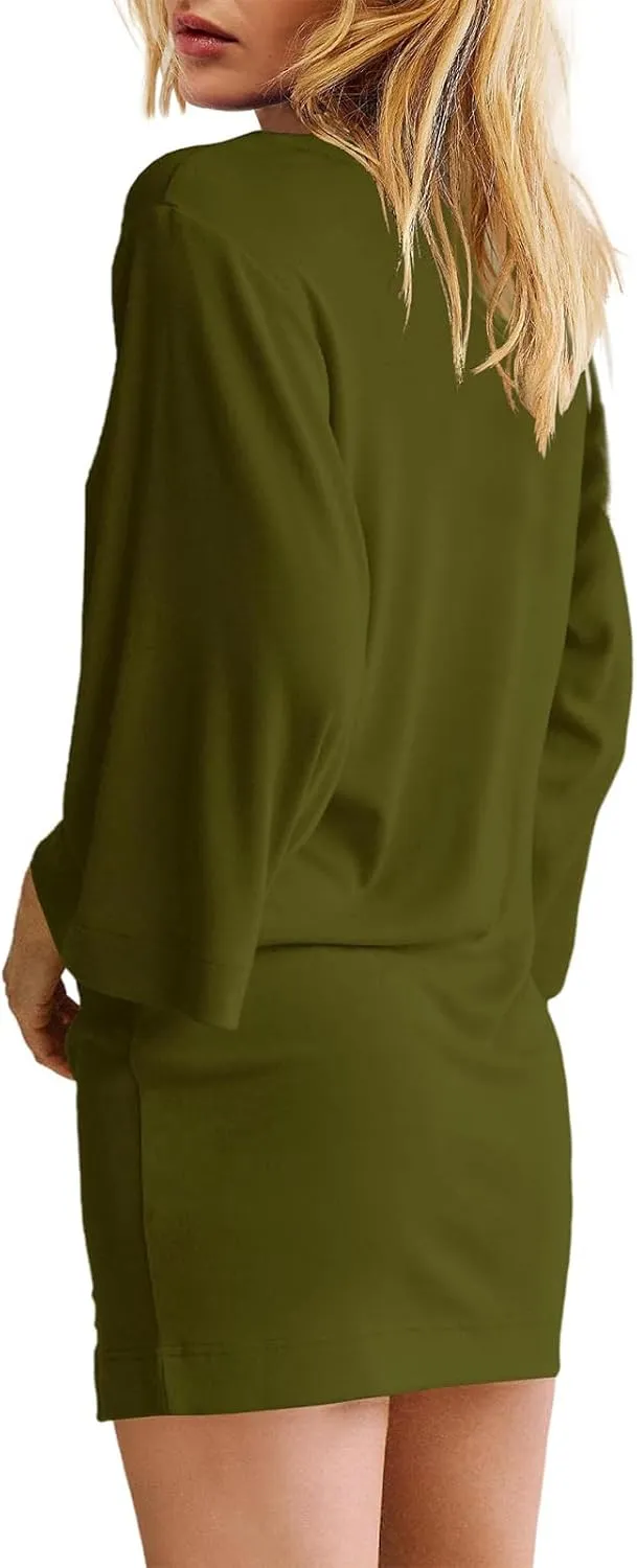 Tshirt Dress Women 3/4 Sleeve Crewneck Mimi Dresses Fit Slit Tee Dress Summer Casual Solid Color Dresses 2025