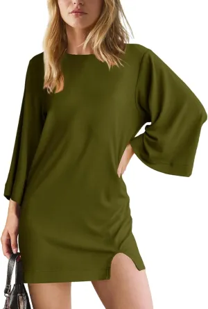Tshirt Dress Women 3/4 Sleeve Crewneck Mimi Dresses Fit Slit Tee Dress Summer Casual Solid Color Dresses 2025