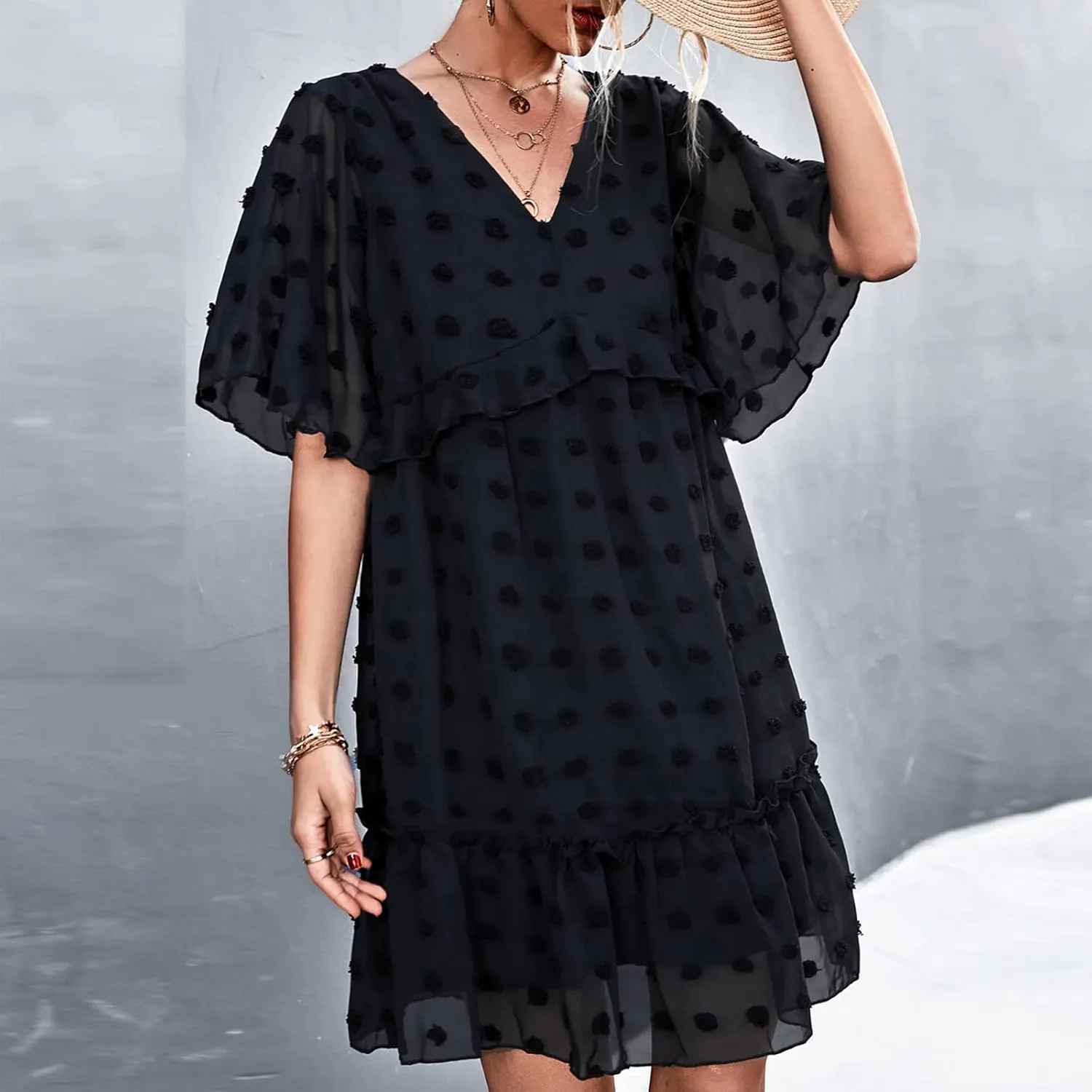 tuduoms Summer Women's Swiss Dot Chiffon Dress Short Sleeve V Neck Beach Mini Dress Casual Ruffle Tiered Flowy Shift Sundress