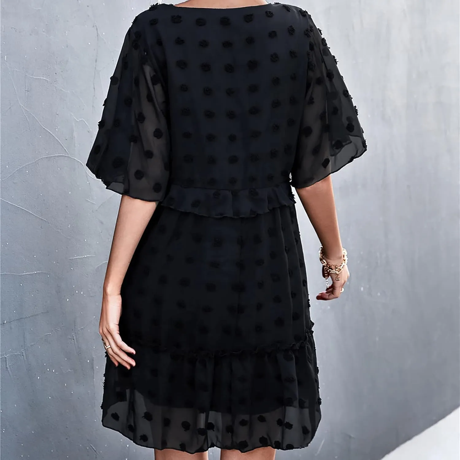 tuduoms Summer Women's Swiss Dot Chiffon Dress Short Sleeve V Neck Beach Mini Dress Casual Ruffle Tiered Flowy Shift Sundress