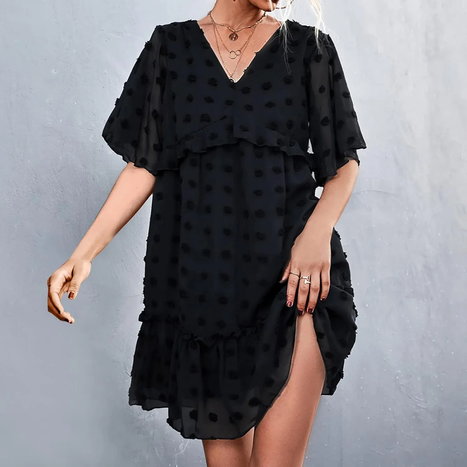 tuduoms Summer Women's Swiss Dot Chiffon Dress Short Sleeve V Neck Beach Mini Dress Casual Ruffle Tiered Flowy Shift Sundress