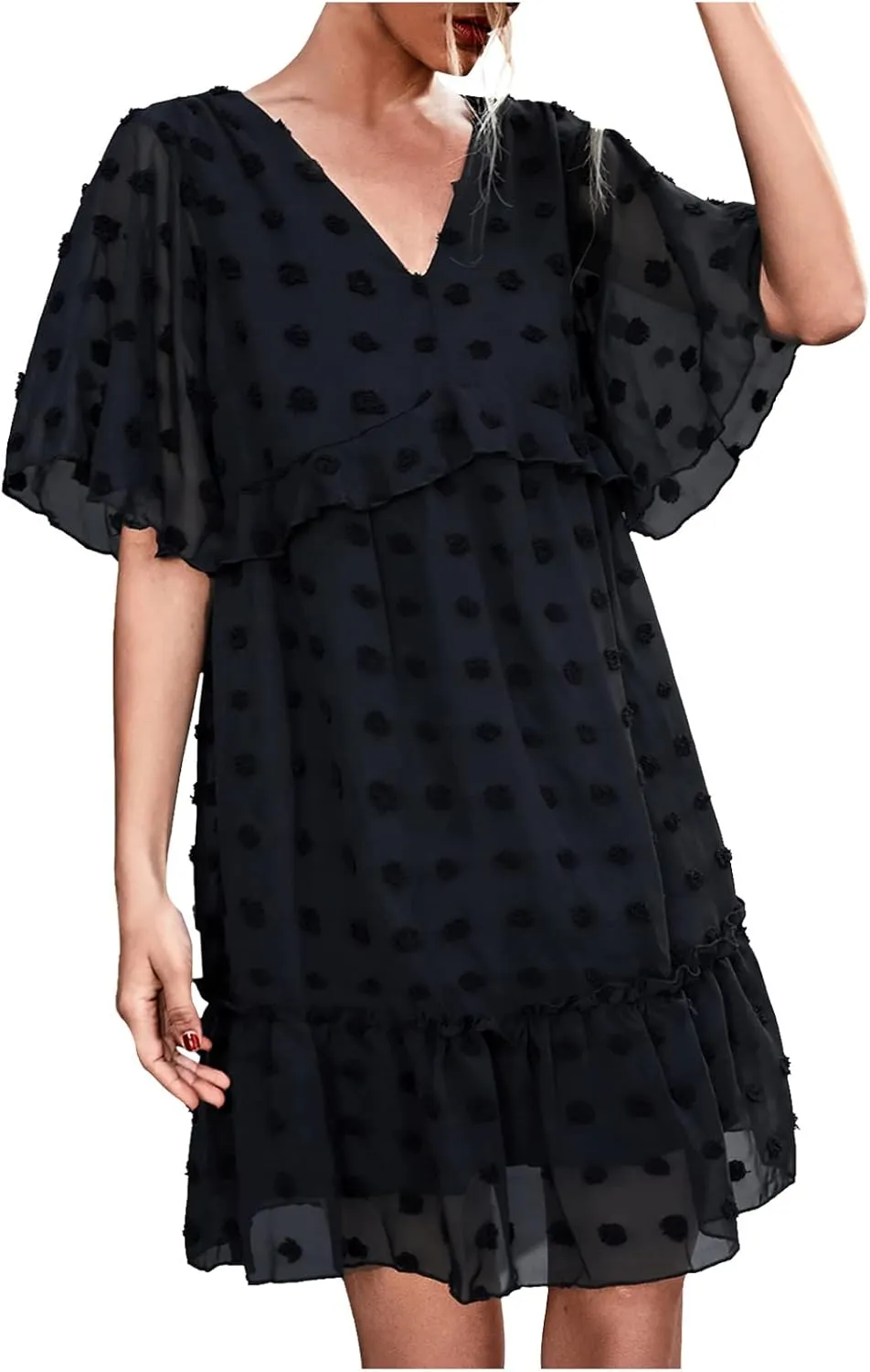tuduoms Summer Women's Swiss Dot Chiffon Dress Short Sleeve V Neck Beach Mini Dress Casual Ruffle Tiered Flowy Shift Sundress
