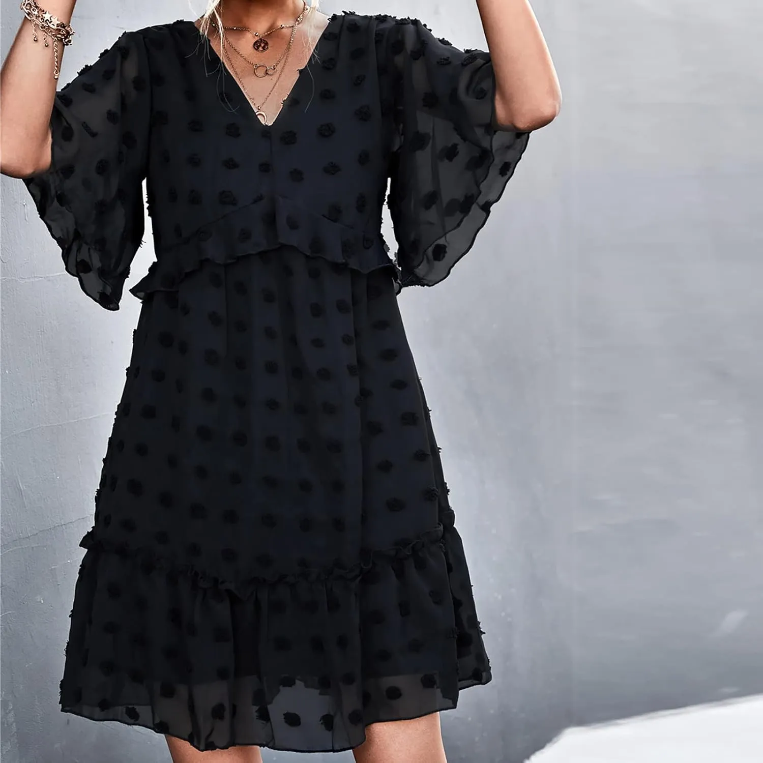 tuduoms Summer Women's Swiss Dot Chiffon Dress Short Sleeve V Neck Beach Mini Dress Casual Ruffle Tiered Flowy Shift Sundress
