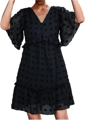 tuduoms Summer Women's Swiss Dot Chiffon Dress Short Sleeve V Neck Beach Mini Dress Casual Ruffle Tiered Flowy Shift Sundress