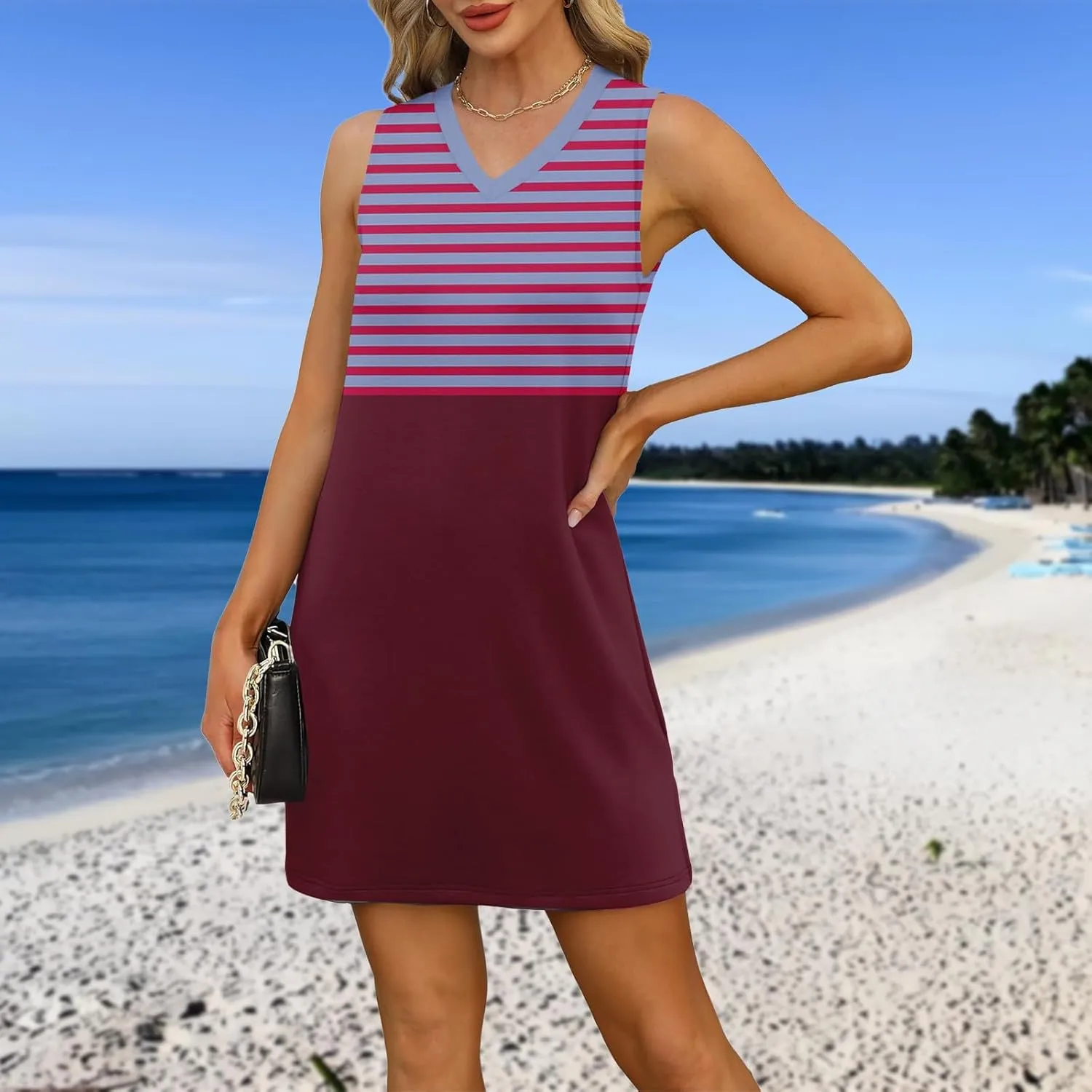 Vacation Dresses for Women 2025 Loose Summer Shift Sleeveless Sundresses Beach Coverup Floral/Striped/Bandana Print
