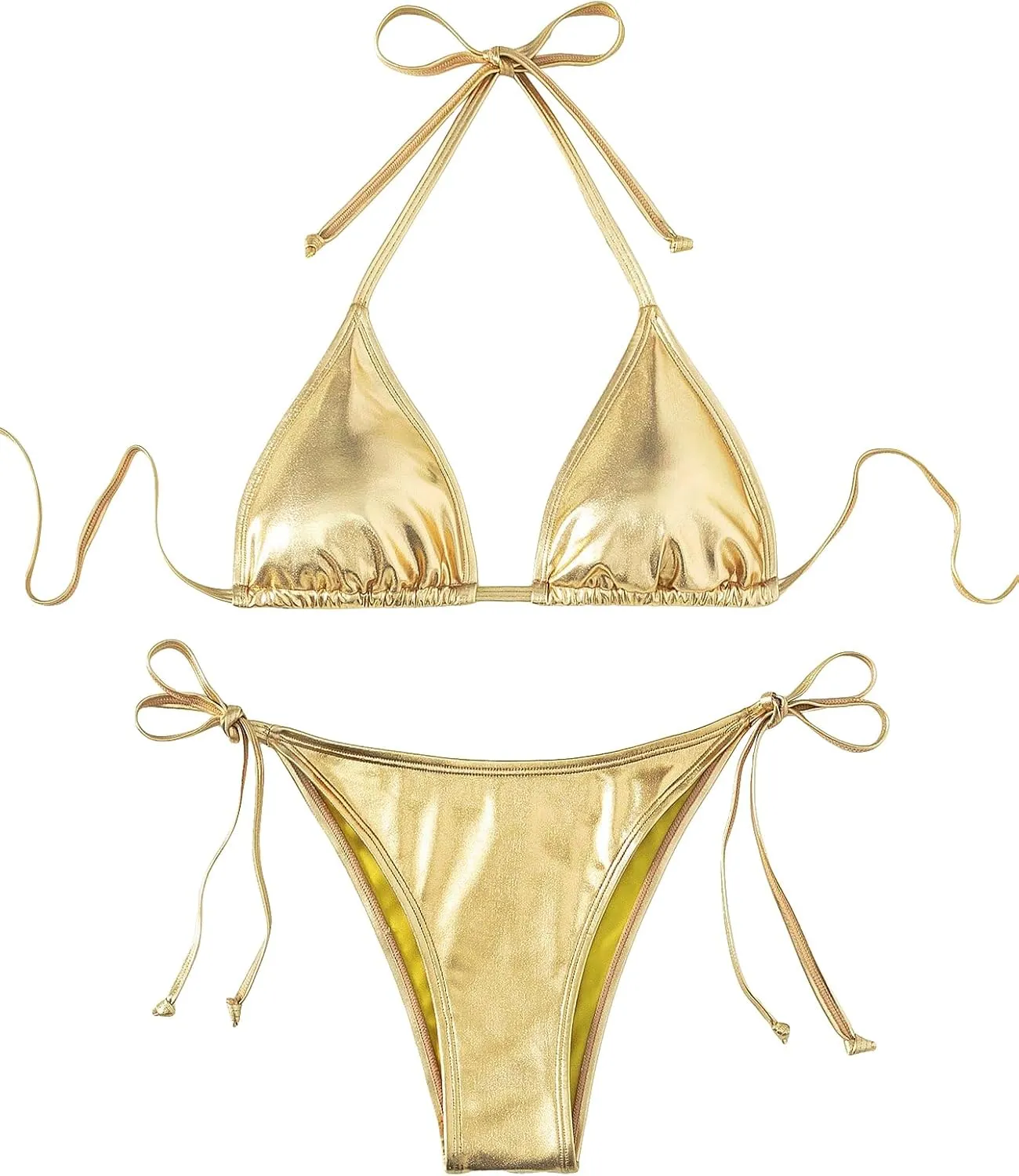 Verdusa Women's 2 Piece Bathing Suit Metallic Swimwear Halter String Triangle Bikini Sets