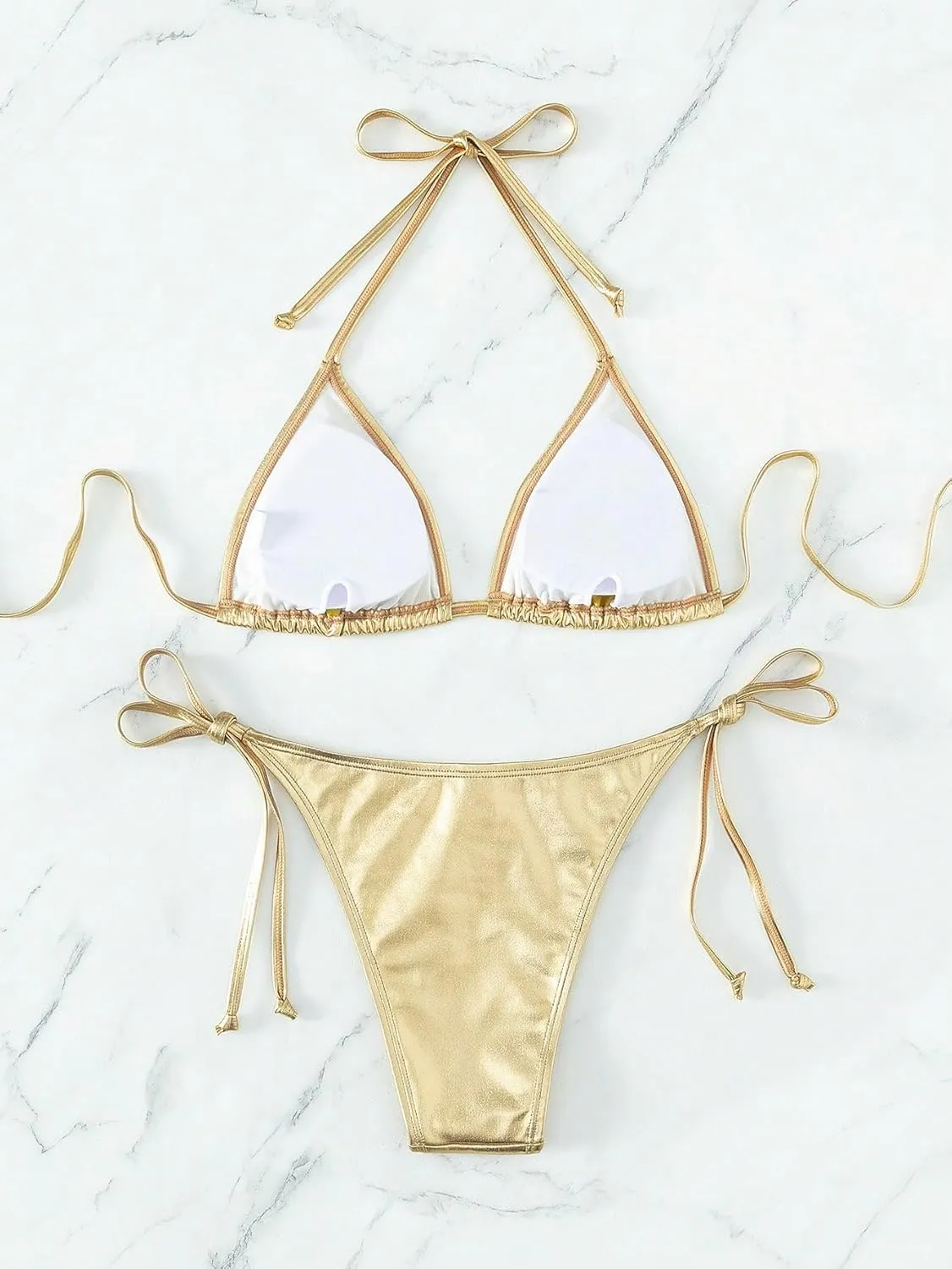 Verdusa Women's 2 Piece Bathing Suit Metallic Swimwear Halter String Triangle Bikini Sets