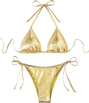 Verdusa Women's 2 Piece Bathing Suit Metallic Swimwear Halter String Triangle Bikini Sets