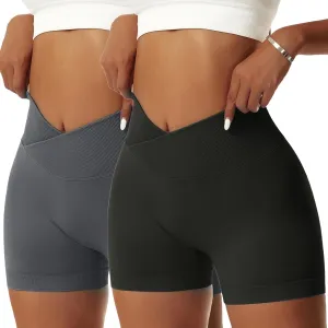 Vertvie 2 Pack Workout Gym Shorts for Women High Waisted Booty V Cross Biker Shorts Scrunch Butt Athletic Yoga Shorts