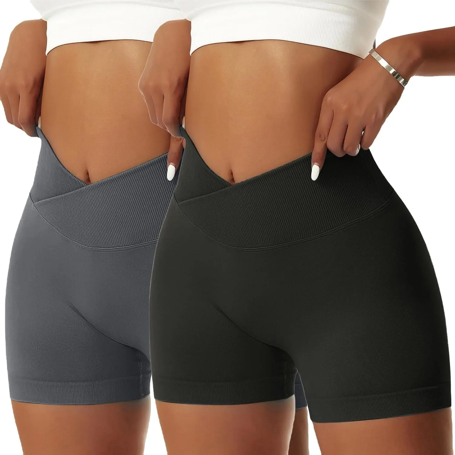 Vertvie 2 Pack Workout Gym Shorts for Women High Waisted Booty V Cross Biker Shorts Scrunch Butt Athletic Yoga Shorts