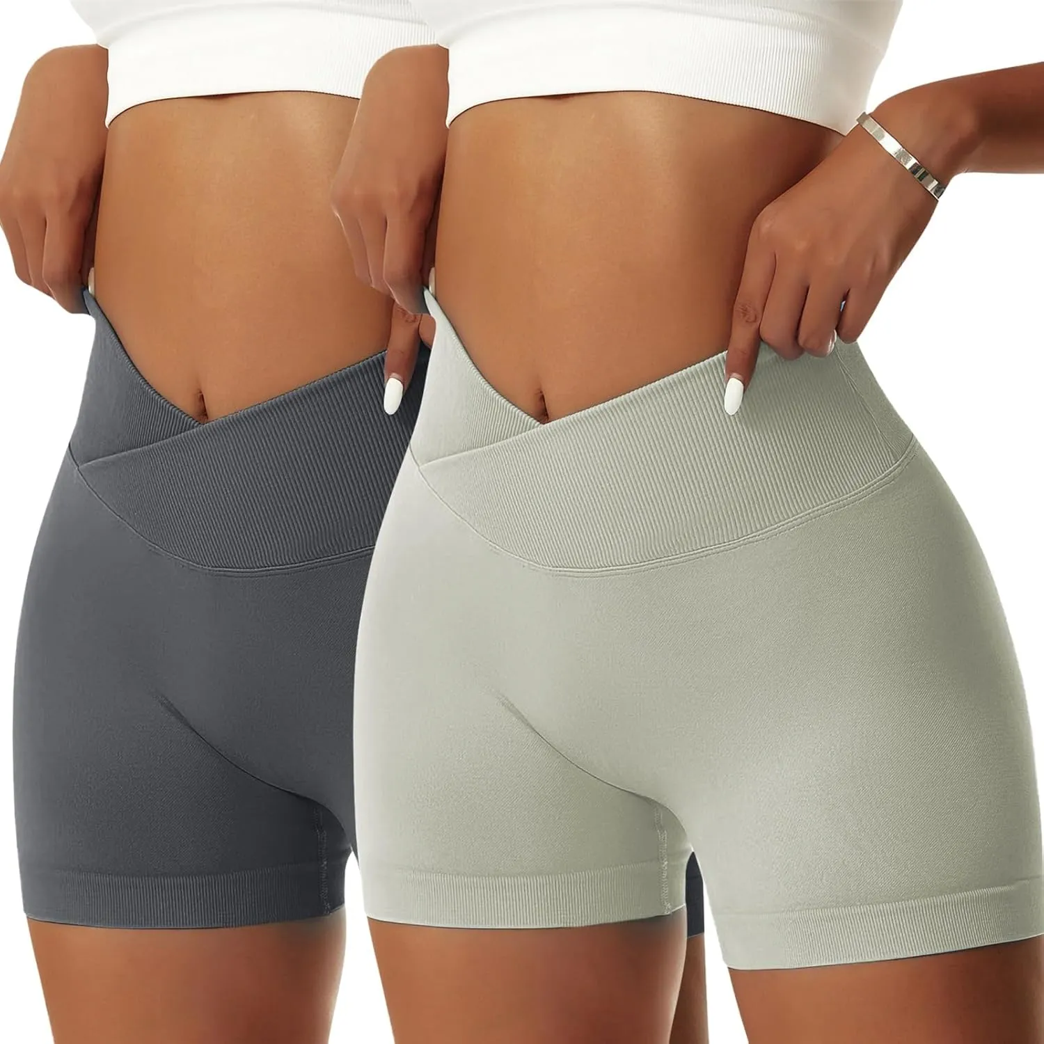 Vertvie 2 Pack Workout Gym Shorts for Women High Waisted Booty V Cross Biker Shorts Scrunch Butt Athletic Yoga Shorts