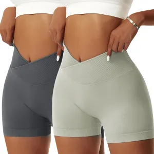 Vertvie 2 Pack Workout Gym Shorts for Women High Waisted Booty V Cross Biker Shorts Scrunch Butt Athletic Yoga Shorts