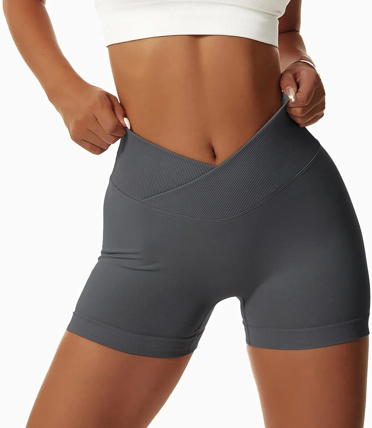 Vertvie 2 Pack Workout Gym Shorts for Women High Waisted Booty V Cross Biker Shorts Scrunch Butt Athletic Yoga Shorts