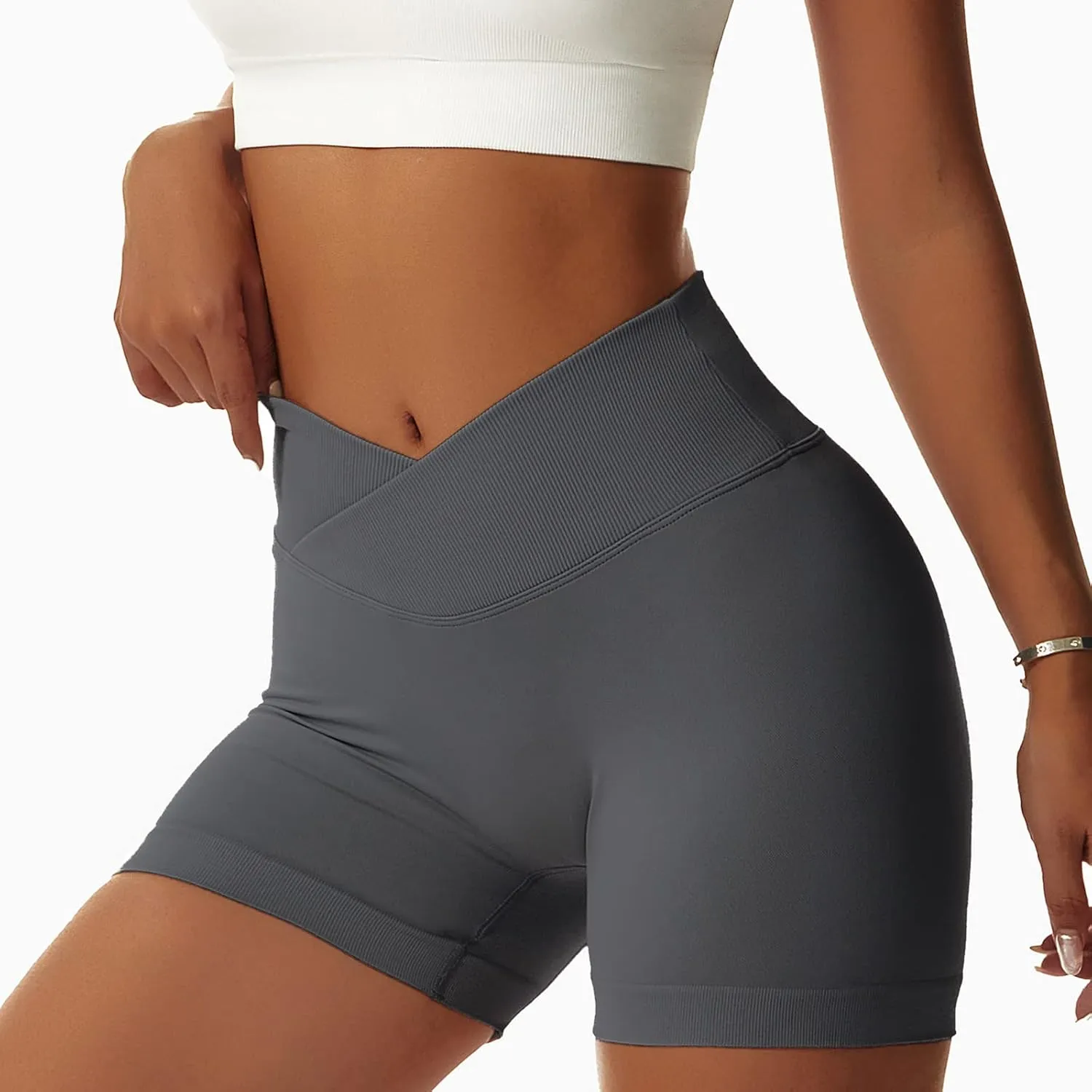 Vertvie 2 Pack Workout Gym Shorts for Women High Waisted Booty V Cross Biker Shorts Scrunch Butt Athletic Yoga Shorts
