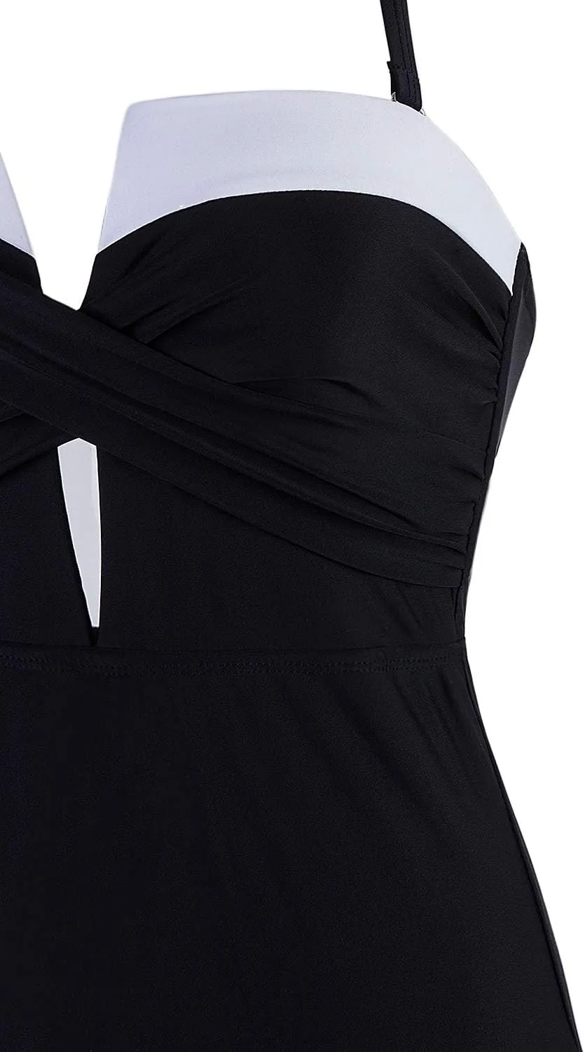 Vijiv Womens One Piece Black Swimsuit Sexy Tummy Control Halter Low Back Swimwear Monokinis Bathing Suits
