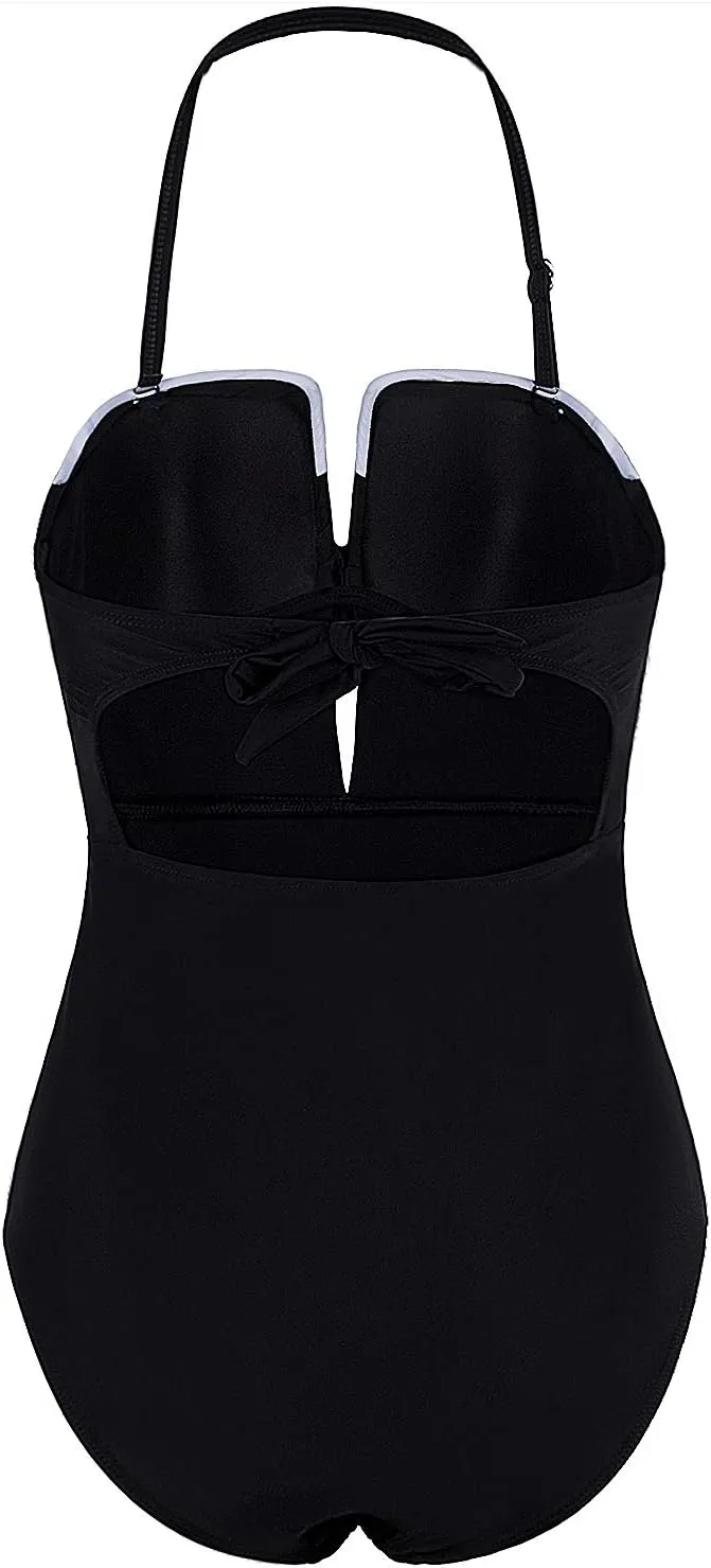 Vijiv Womens One Piece Black Swimsuit Sexy Tummy Control Halter Low Back Swimwear Monokinis Bathing Suits