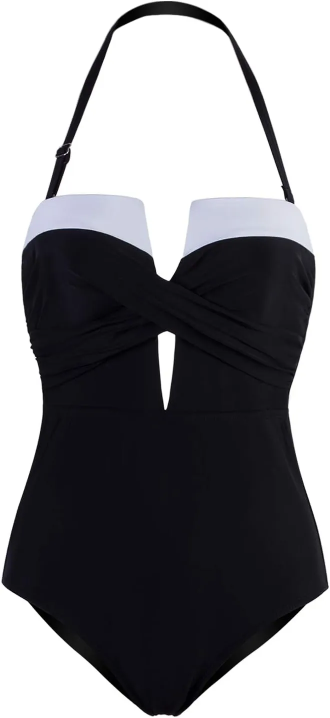 Vijiv Womens One Piece Black Swimsuit Sexy Tummy Control Halter Low Back Swimwear Monokinis Bathing Suits