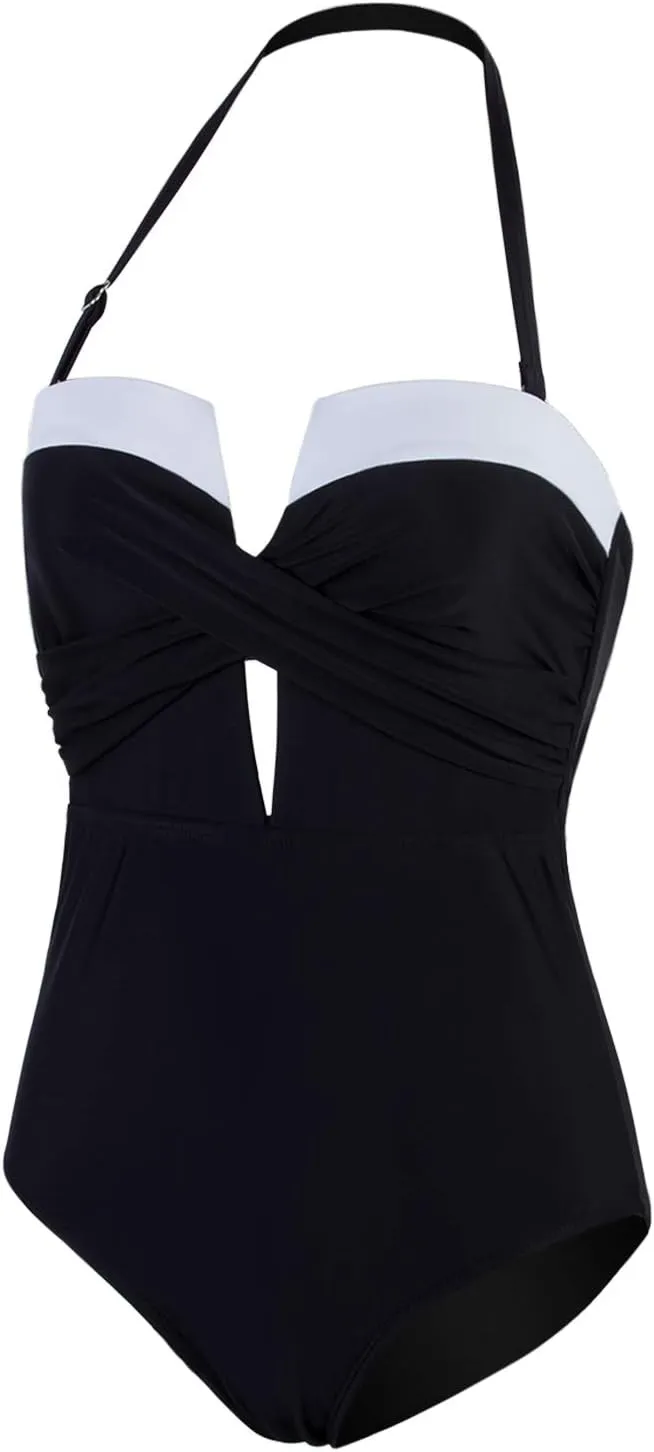 Vijiv Womens One Piece Black Swimsuit Sexy Tummy Control Halter Low Back Swimwear Monokinis Bathing Suits