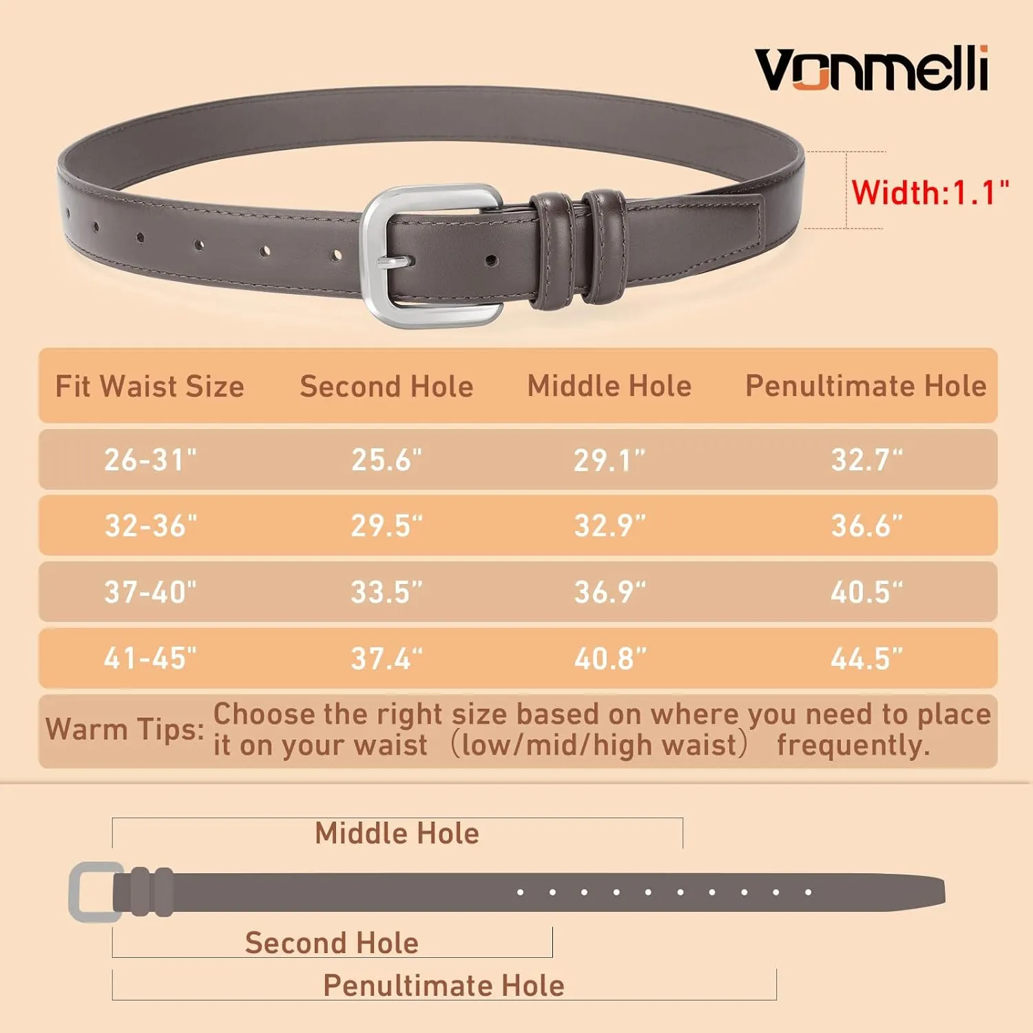 VONMELLI Leather Belts for Women Fashion Wasit Ladies Belt for Jeans Pants Dresses with Pin Buckle