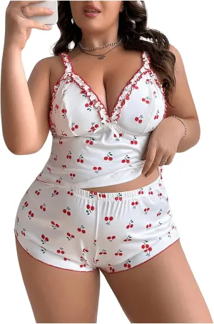 WDIRARA Women's Plus Size 2 Piece Graphic Print Lettuce Trim Bow Front High Waist Lingerie Set