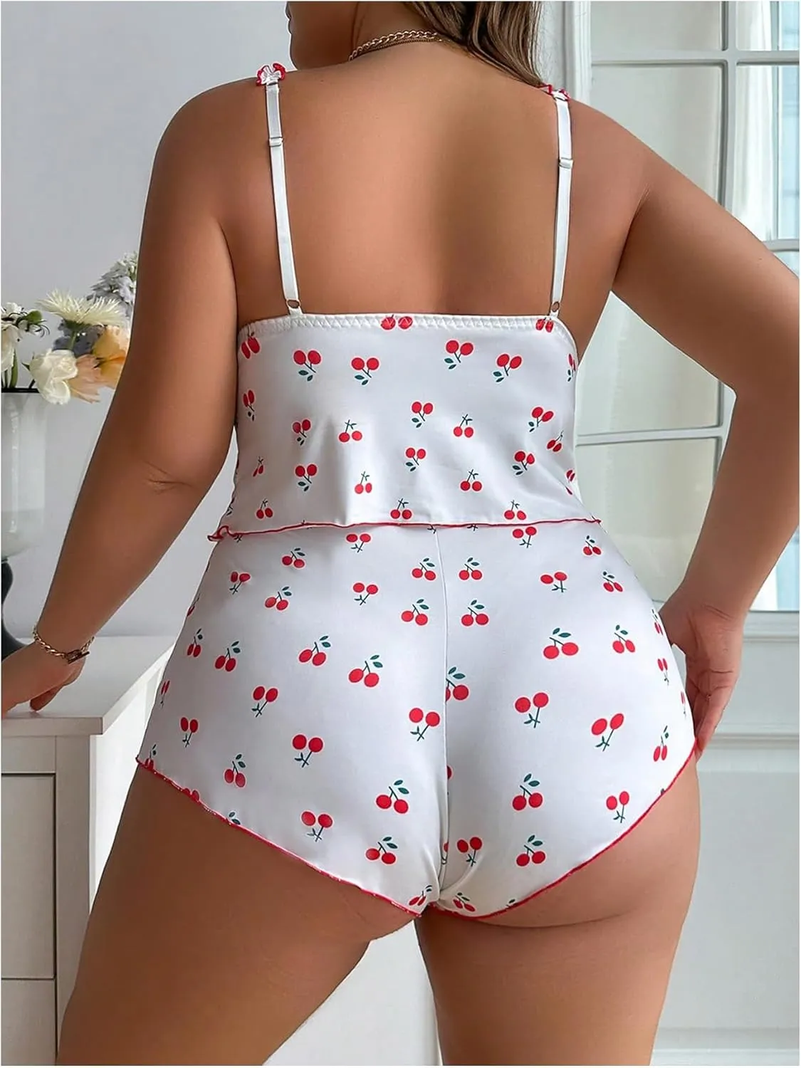 WDIRARA Women's Plus Size 2 Piece Graphic Print Lettuce Trim Bow Front High Waist Lingerie Set