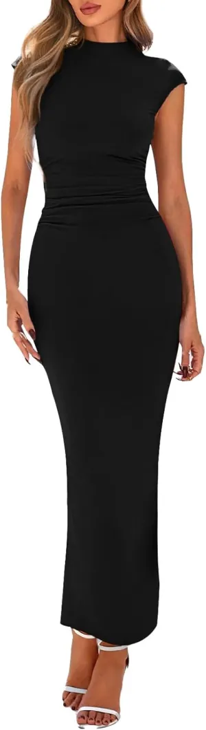 Wedding Guest Dress Casual Maxi Long Dress Crewneck Ruffle Waist Bodycon Summer Beach Vacation Sundress 2025