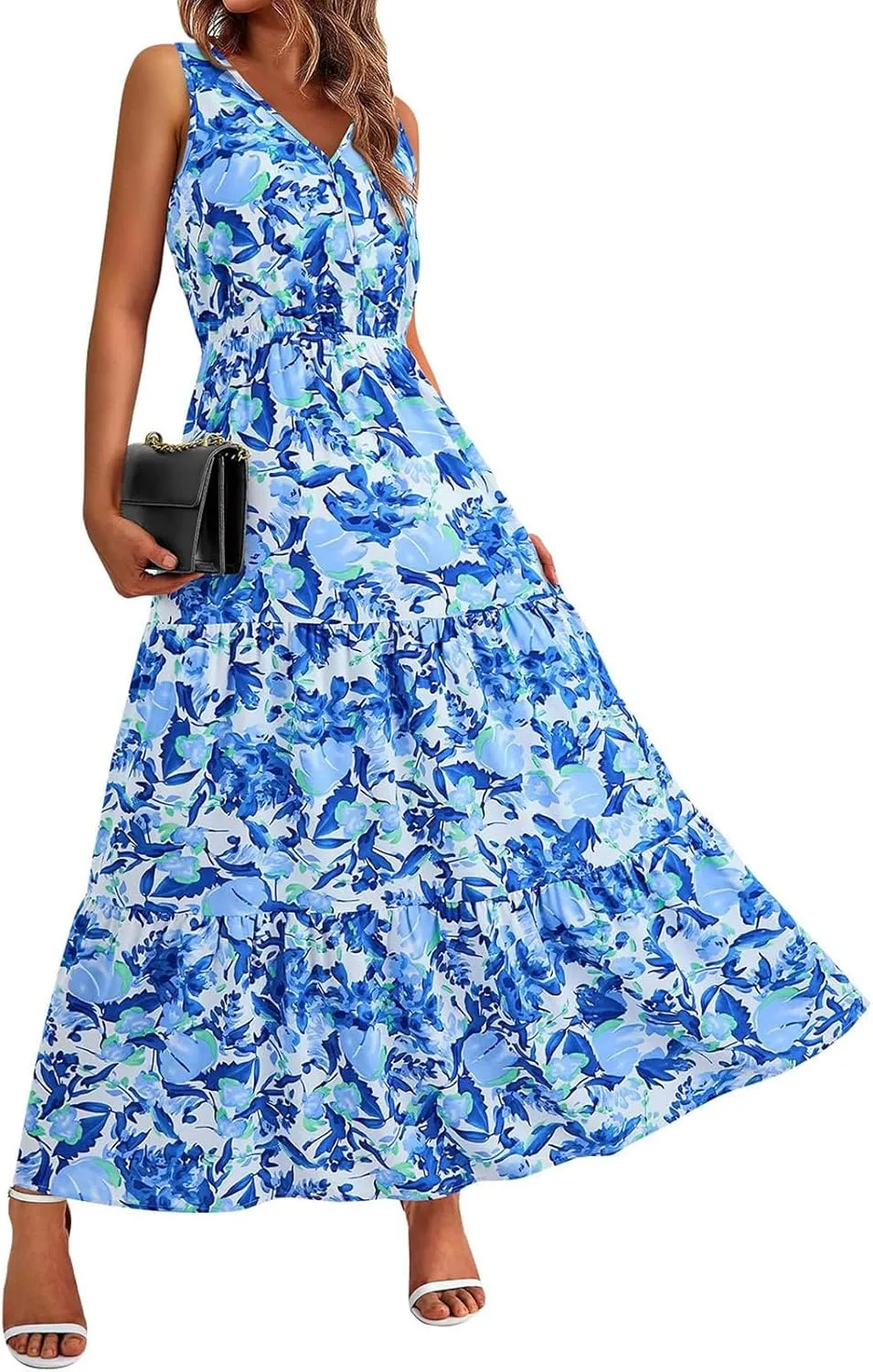 Wedding Guest Dress for Women Sleeveless V Neck Maxi Dress Elastic Waist Casual Floral Printed Summer Sundress 2025