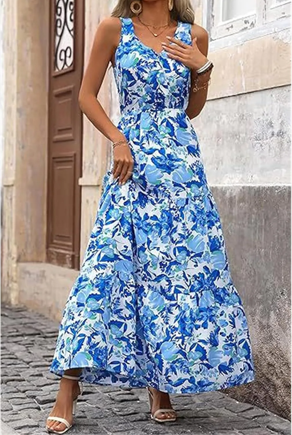 Wedding Guest Dress for Women Sleeveless V Neck Maxi Dress Elastic Waist Casual Floral Printed Summer Sundress 2025