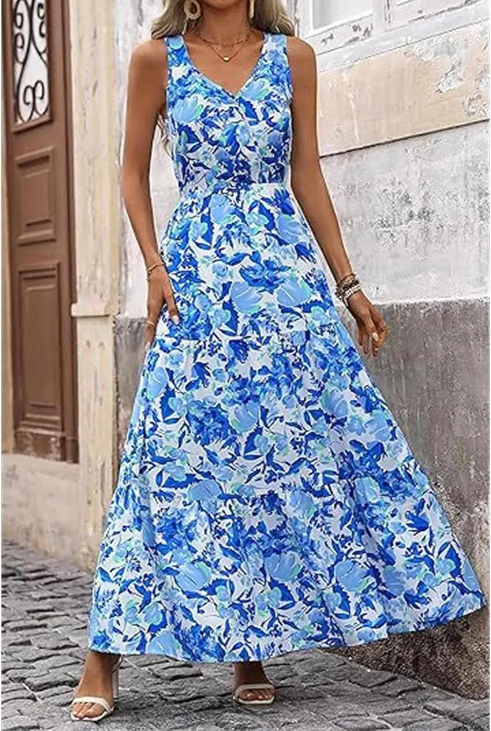 Wedding Guest Dress for Women Sleeveless V Neck Maxi Dress Elastic Waist Casual Floral Printed Summer Sundress 2025