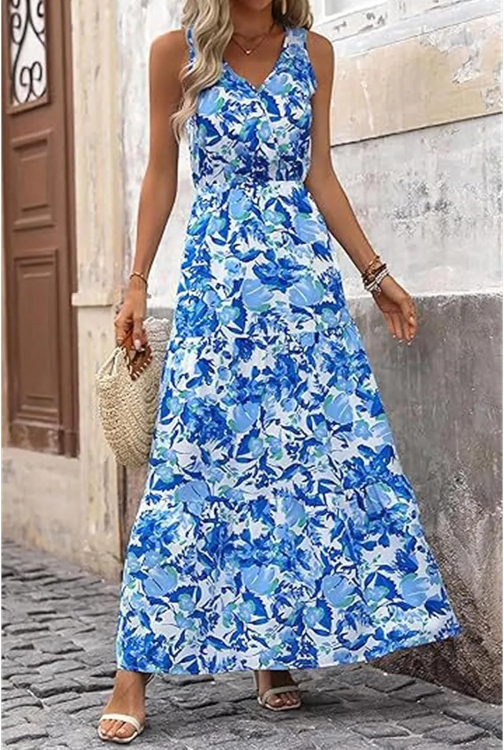 Wedding Guest Dress for Women Sleeveless V Neck Maxi Dress Elastic Waist Casual Floral Printed Summer Sundress 2025