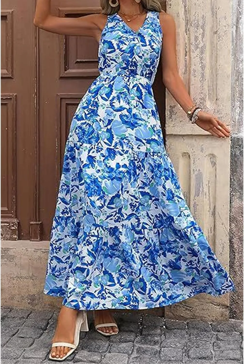 Wedding Guest Dress for Women Sleeveless V Neck Maxi Dress Elastic Waist Casual Floral Printed Summer Sundress 2025