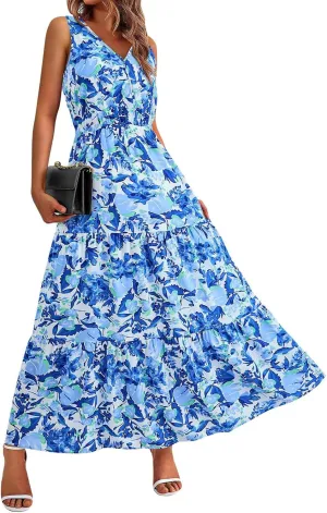 Wedding Guest Dress for Women Sleeveless V Neck Maxi Dress Elastic Waist Casual Floral Printed Summer Sundress 2025