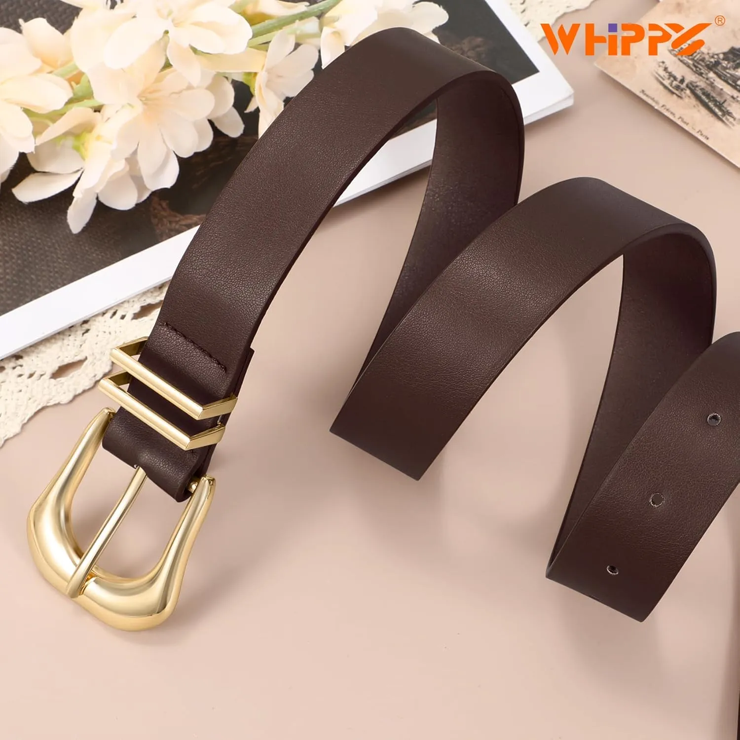 WHIPPY Women Leather Belt for Jeans Pants Fashion Ladies Faux Leather Belt with Gold Buckle