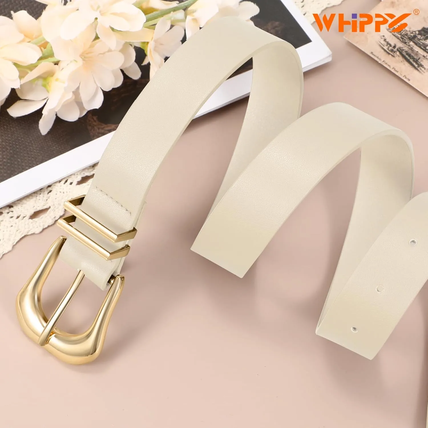 WHIPPY Women Leather Belt for Jeans Pants Fashion Ladies Faux Leather Belt with Gold Buckle